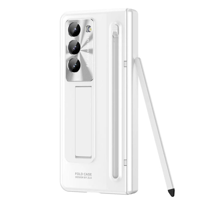 For Samsung Galaxy Z Fold5 5G Case Hinge PC Kickstand Phone Cover with Tempered Glass Film  /  Stylus - White - 2