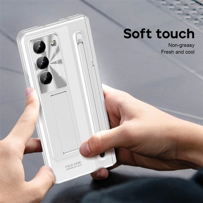 For Samsung Galaxy Z Fold5 5G Case Hinge PC Kickstand Phone Cover with Tempered Glass Film  /  Stylus - White - 5