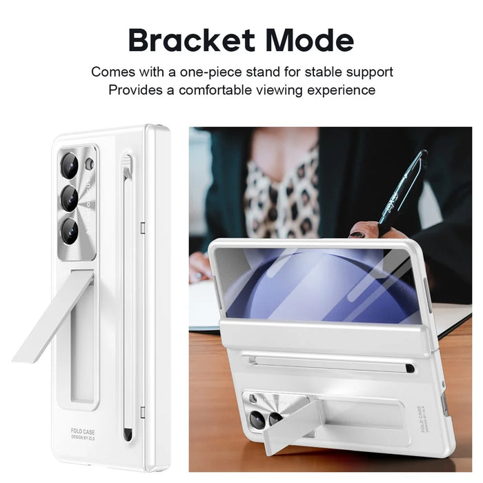 For Samsung Galaxy Z Fold5 5G Case Hinge PC Kickstand Phone Cover with Tempered Glass Film  /  Stylus - White - 6