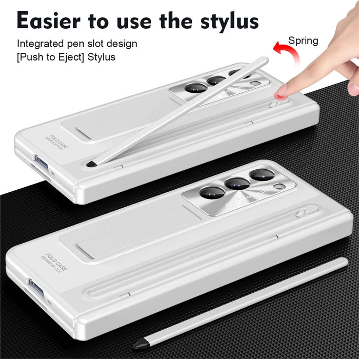 For Samsung Galaxy Z Fold5 5G Case Hinge PC Kickstand Phone Cover with Tempered Glass Film  /  Stylus - White - 7