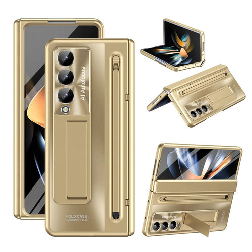 For Samsung Galaxy Z Fold4 5G Kickstand Case Hinge PC Phone Cover with Tempered Glass Film, Stylus - Gold - 1