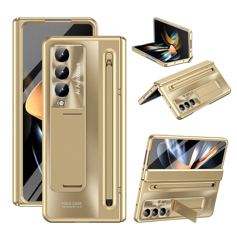 For Samsung Galaxy Z Fold4 5G Kickstand Case Hinge PC Phone Cover with Tempered Glass Film, Stylus - Gold - 1