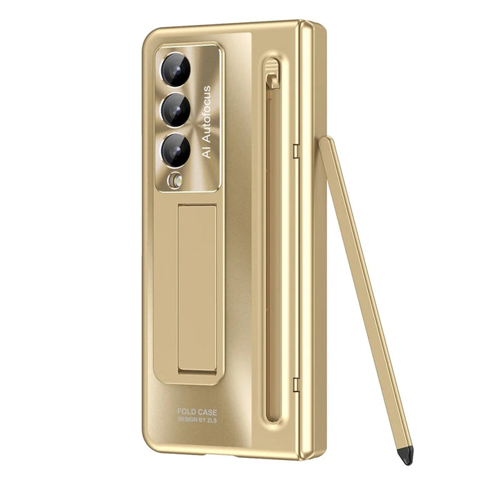 For Samsung Galaxy Z Fold4 5G Kickstand Case Hinge PC Phone Cover with Tempered Glass Film, Stylus - Gold - 2