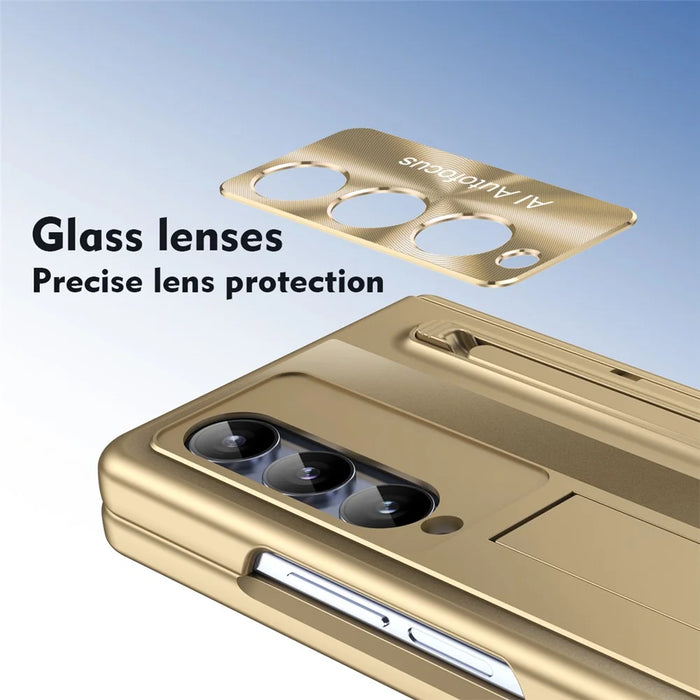 For Samsung Galaxy Z Fold4 5G Kickstand Case Hinge PC Phone Cover with Tempered Glass Film, Stylus - Gold - 4