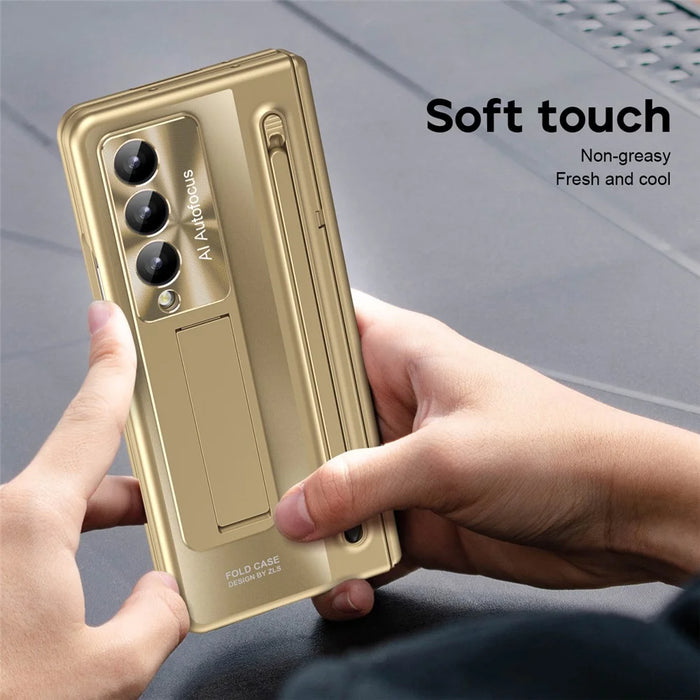 For Samsung Galaxy Z Fold4 5G Kickstand Case Hinge PC Phone Cover with Tempered Glass Film, Stylus - Gold - 5