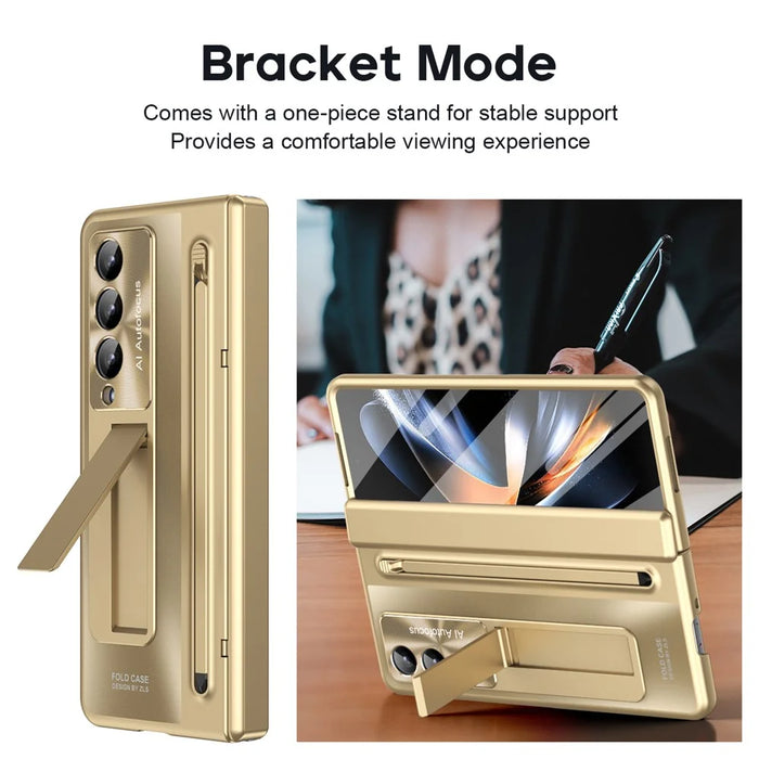 For Samsung Galaxy Z Fold4 5G Kickstand Case Hinge PC Phone Cover with Tempered Glass Film, Stylus - Gold - 6