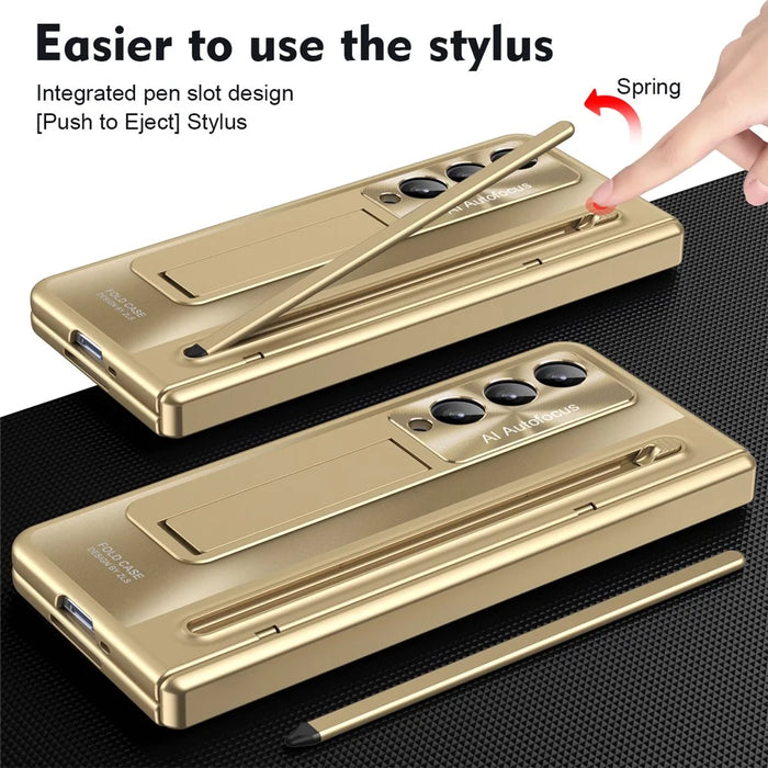 For Samsung Galaxy Z Fold4 5G Kickstand Case Hinge PC Phone Cover with Tempered Glass Film, Stylus - Gold - 7