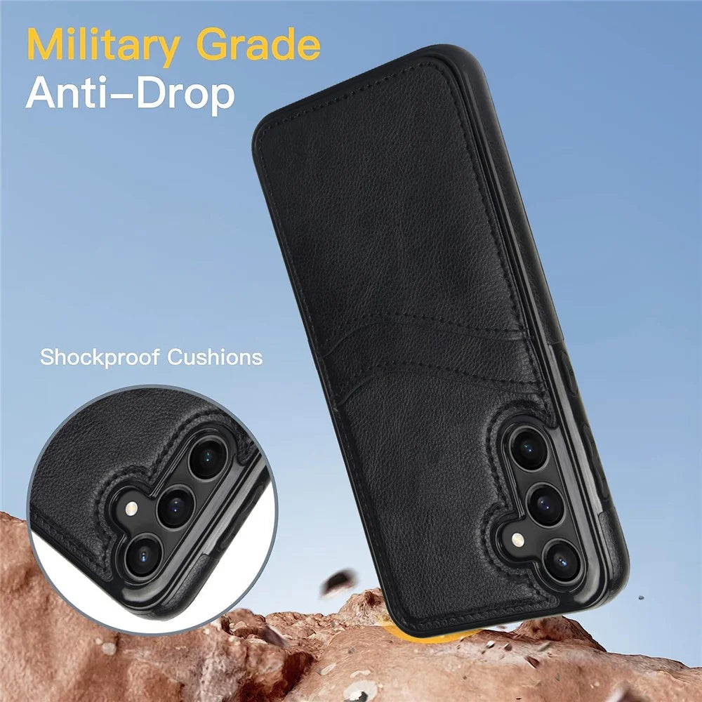 For Samsung Galaxy S23 FE Card Slot Design Phone Case Shockproof PU+TPU Phone Cover - Black - 3