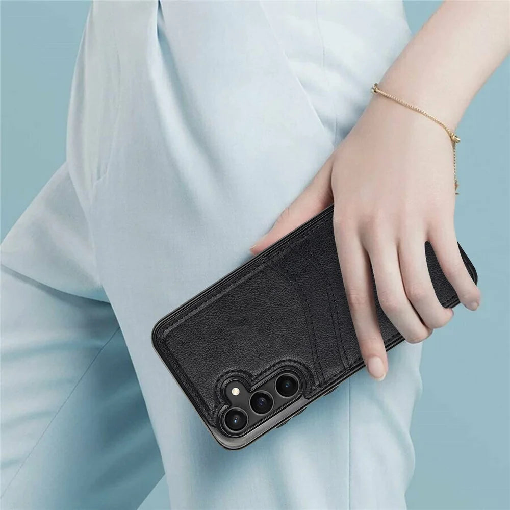 For Samsung Galaxy S23 FE Card Slot Design Phone Case Shockproof PU+TPU Phone Cover - Black - 4