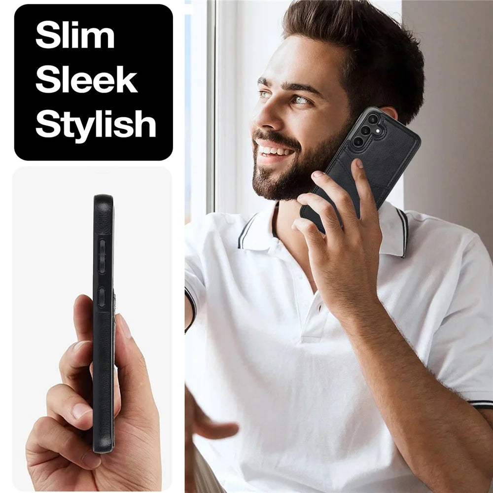 For Samsung Galaxy S23 FE Card Slot Design Phone Case Shockproof PU+TPU Phone Cover - Black - 6