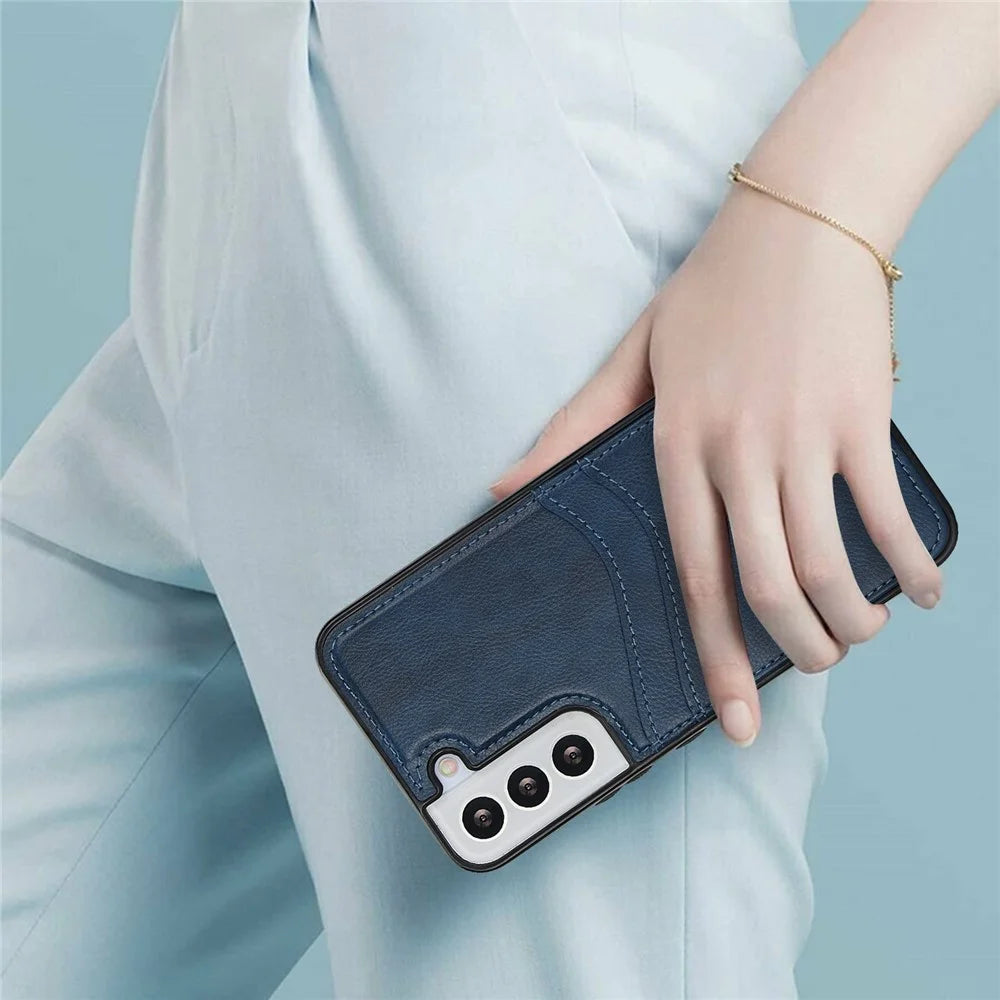 For Samsung Galaxy S22 5G Cases Cell Phone Cover Anti-Scratch PU+TPU Phone Shell with Card Slot - Blue - 4