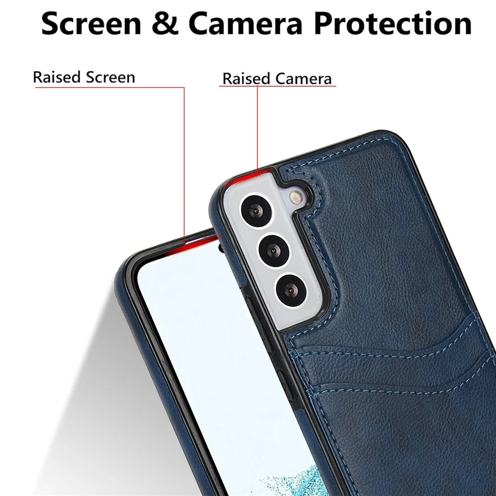 For Samsung Galaxy S22 5G Cases Cell Phone Cover Anti-Scratch PU+TPU Phone Shell with Card Slot - Blue - 5