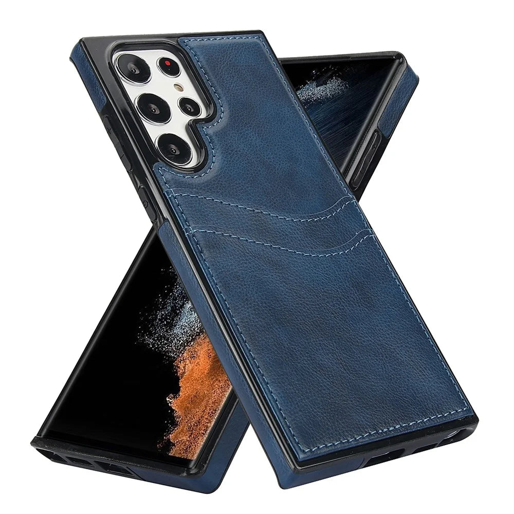 For Samsung Galaxy S22 Ultra 5G Card Case Phone Back Cover Shockproof PU+TPU Phone Shell - Blue - 2