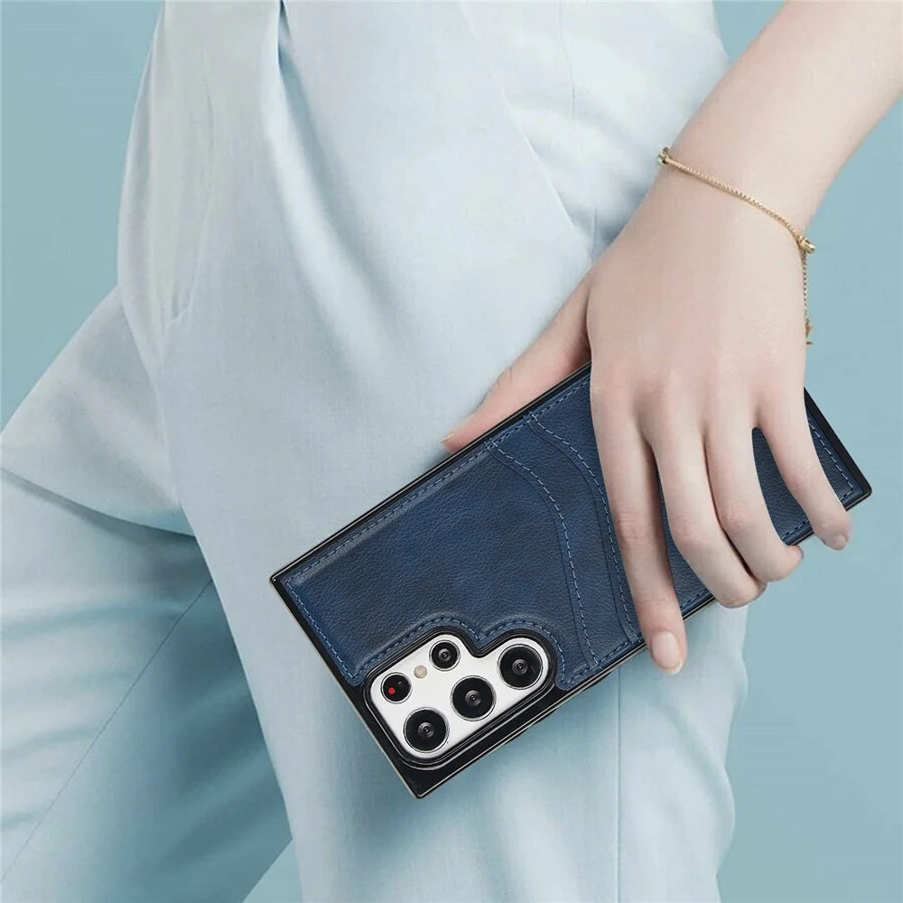For Samsung Galaxy S22 Ultra 5G Card Case Phone Back Cover Shockproof PU+TPU Phone Shell - Blue - 4