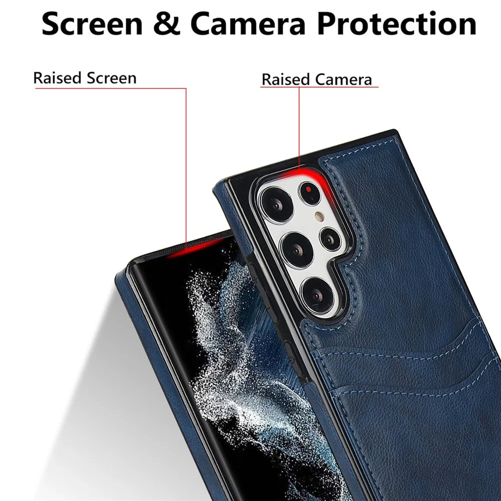 For Samsung Galaxy S22 Ultra 5G Card Case Phone Back Cover Shockproof PU+TPU Phone Shell - Blue - 5