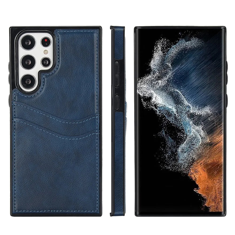 For Samsung Galaxy S22 Ultra 5G Card Case Phone Back Cover Shockproof PU+TPU Phone Shell - Blue - 7