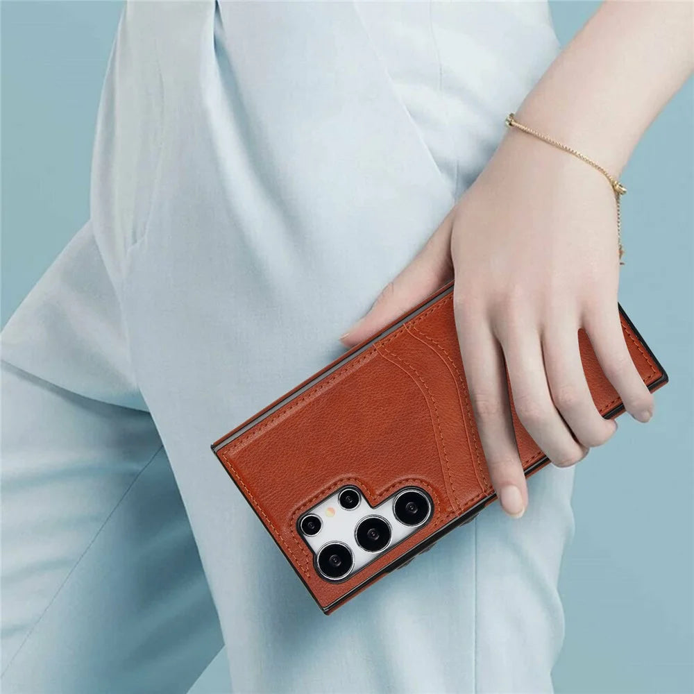For Samsung Galaxy S24 Ultra Phone Protector Card Slot Scratch-Resistant PU+TPU Phone Case - Brown - 3