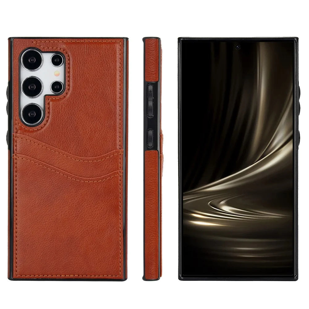 For Samsung Galaxy S24 Ultra Phone Protector Card Slot Scratch-Resistant PU+TPU Phone Case - Brown - 7