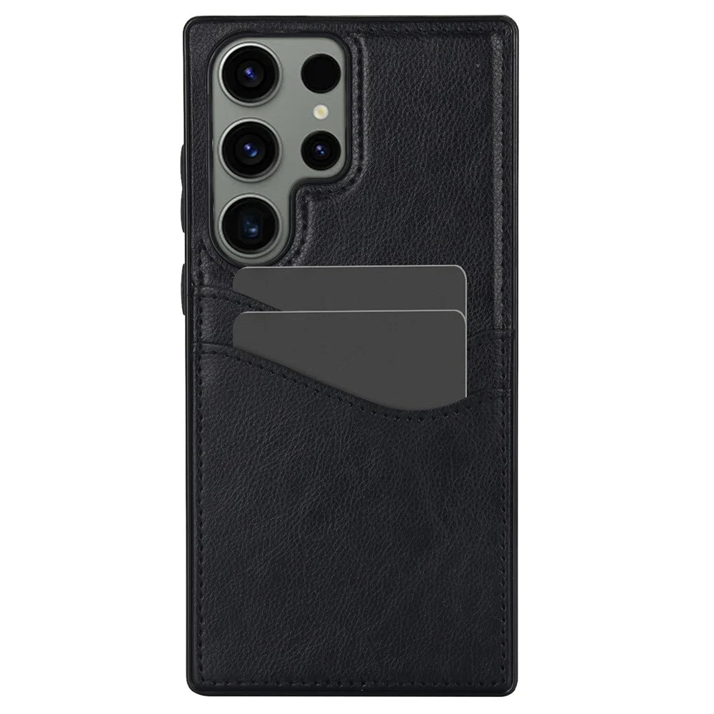 For Samsung Galaxy S23 Ultra Card Storage Phone Shell Shockproof Cell Phone Case PU+TPU Cover - Black - 1