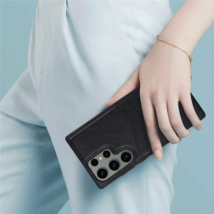 For Samsung Galaxy S23 Ultra Card Storage Phone Shell Shockproof Cell Phone Case PU+TPU Cover - Black - 3
