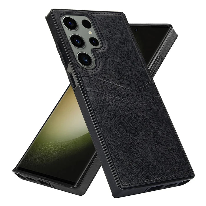 For Samsung Galaxy S23 Ultra Card Storage Phone Shell Shockproof Cell Phone Case PU+TPU Cover - Black - 6