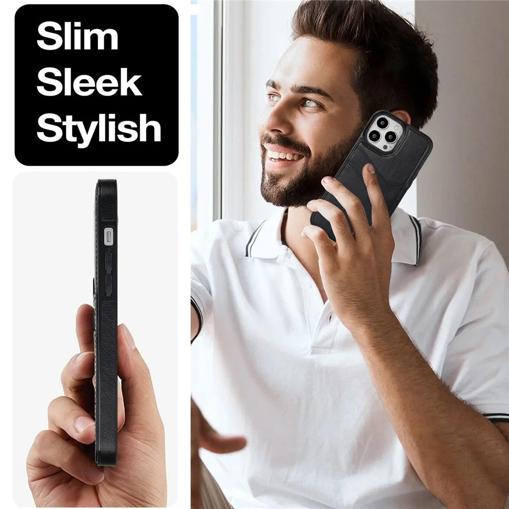 For iPhone 12 / 12 Pro Case Card Holder PU+TPU Phone Shell - Black - 5