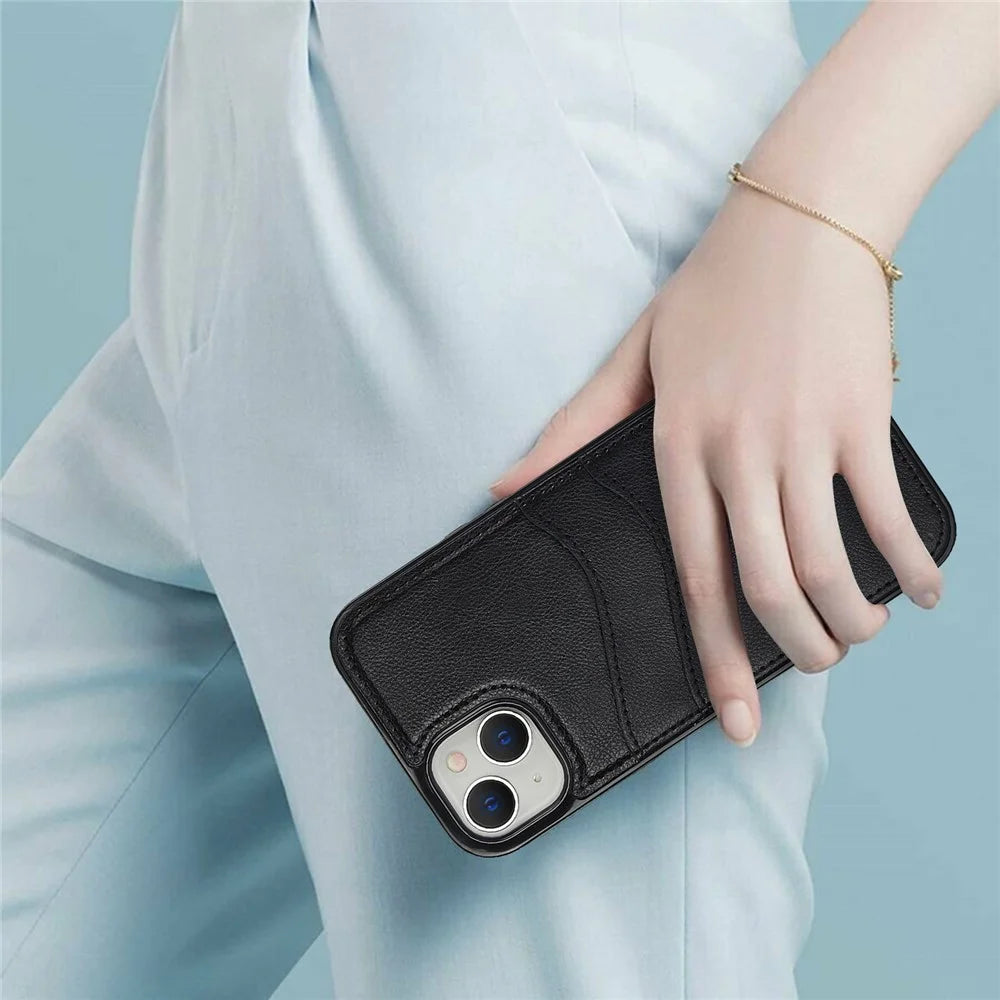 For iPhone 13 / 14 Case Anti-Scratch PU+TPU Card Holder Phone Cover - Black - 7