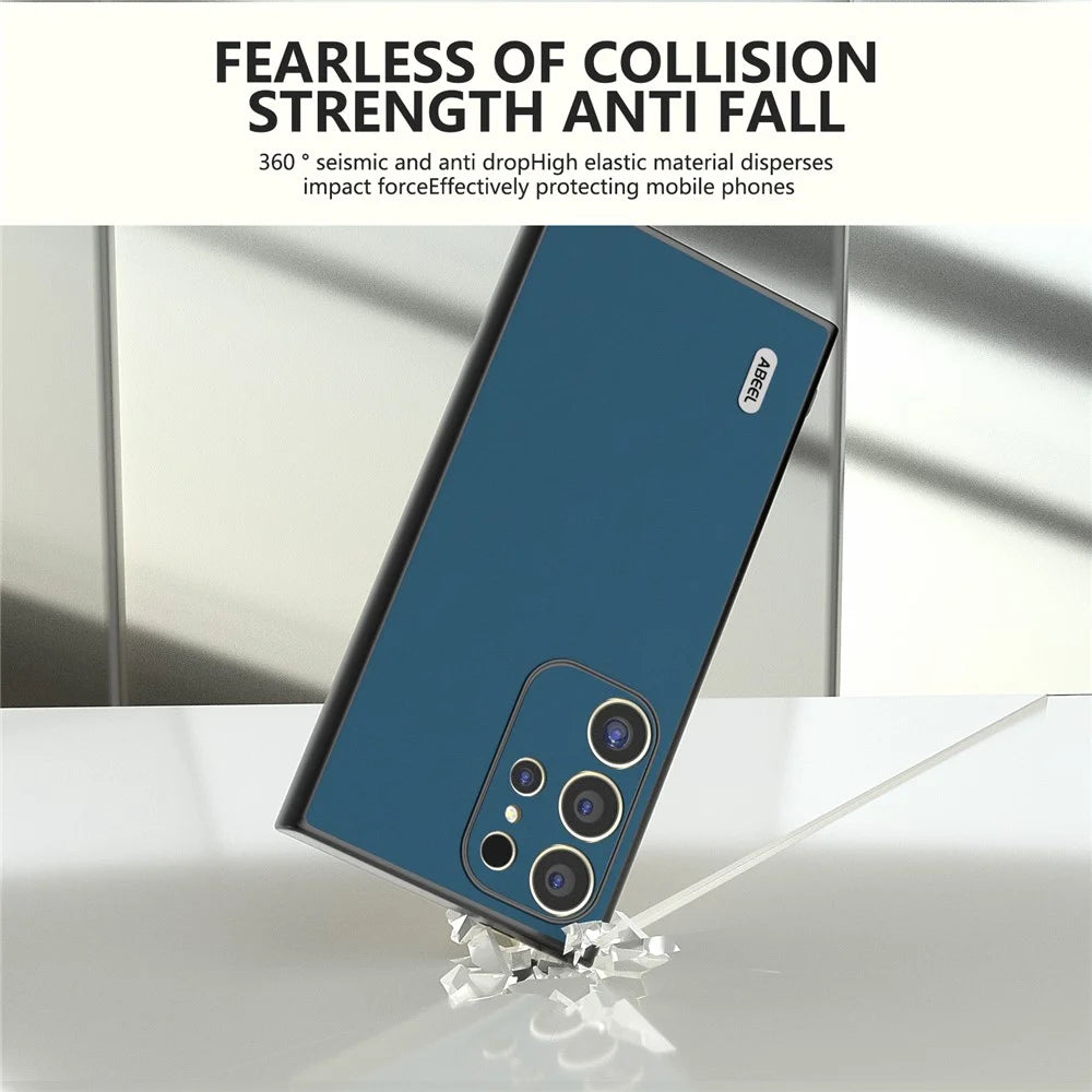 ABEEL For Samsung Galaxy S24 Ultra Case Genuine Cow Leather Silky Skin Touch Phone Cover - Blue - 3