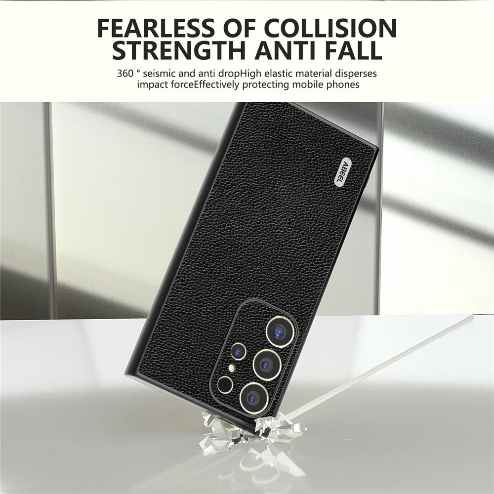 ABEEL For Samsung Galaxy S24 Ultra Case Litchi Texture Genuine Cow Leather+PC+TPU Cover - Black - 3
