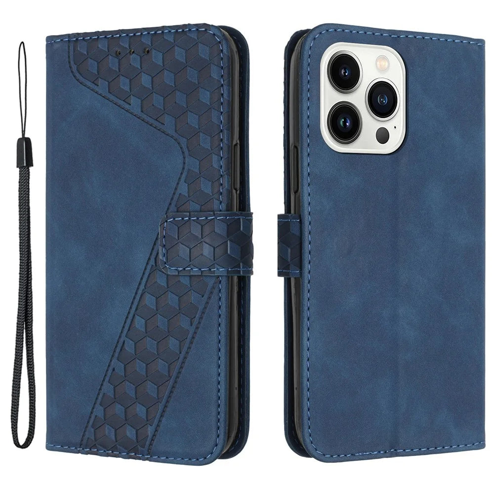 For iPhone 14 Pro Max Anti-Scratch Cover 7-Shape Imprinted Pattern PU Leather Phone Case Wallet - Dark Blue - 1