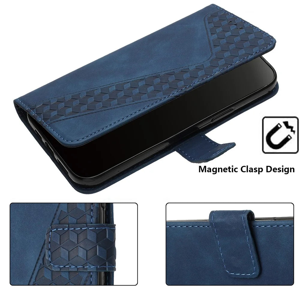 For iPhone 14 Pro Max Anti-Scratch Cover 7-Shape Imprinted Pattern PU Leather Phone Case Wallet - Dark Blue - 6