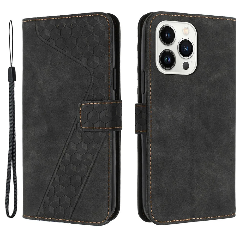 For iPhone 12 Pro Max PU Leather Cover 7-Shape Imprinted Pattern Phone Case Wallet - Black - 1