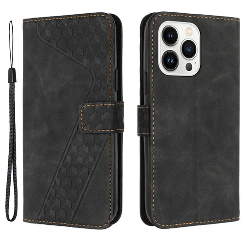 For iPhone 12 Pro Max PU Leather Cover 7-Shape Imprinted Pattern Phone Case Wallet - Black - 1