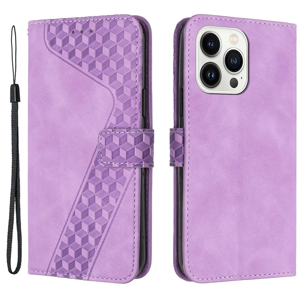 For iPhone 13 Pro PU Leather Phone Case Wallet Anti-Scratch Cover with 7-Shape Imprinted Pattern - Purple - 1