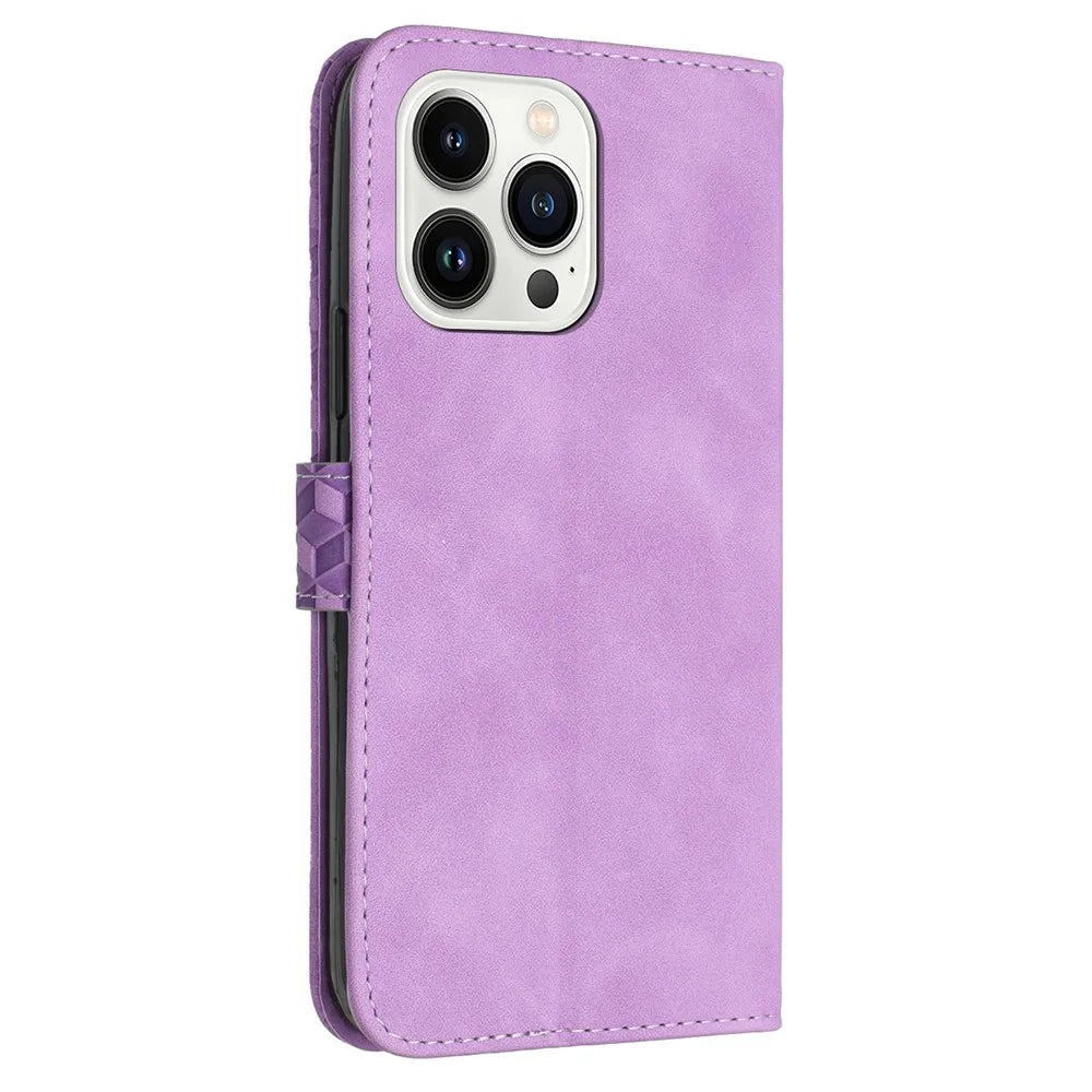 For iPhone 13 Pro PU Leather Phone Case Wallet Anti-Scratch Cover with 7-Shape Imprinted Pattern - Purple - 3