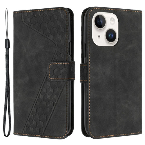 For iPhone 14 Drop Proof Case PU Leather Phone Wallet 7-Shape Imprinted Cover - Black - 1