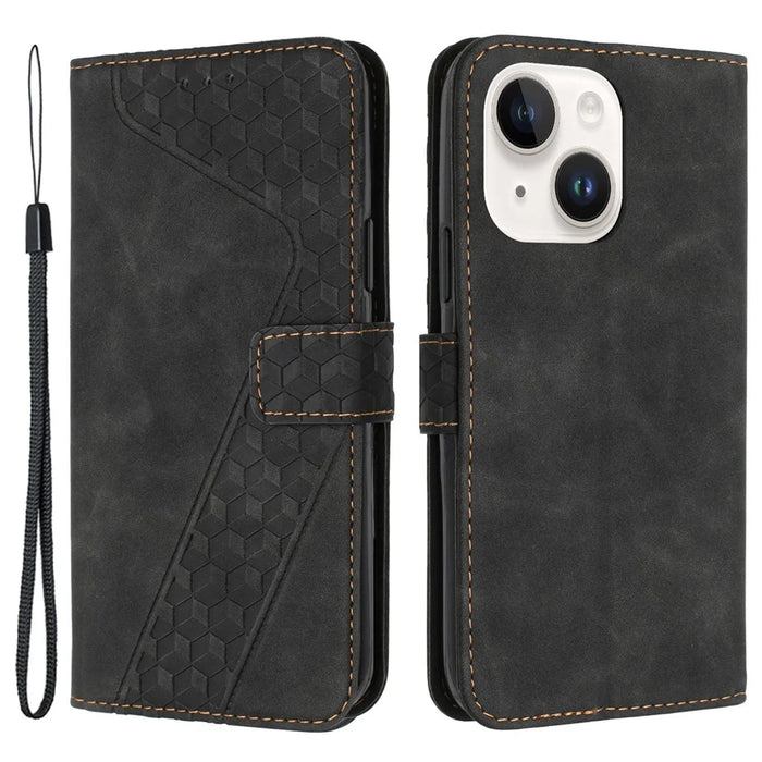 For iPhone 14 Drop Proof Case PU Leather Phone Wallet 7-Shape Imprinted Cover - Black - 1