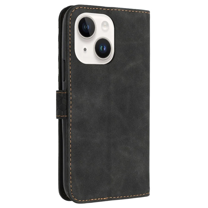 For iPhone 14 Drop Proof Case PU Leather Phone Wallet 7-Shape Imprinted Cover - Black - 3
