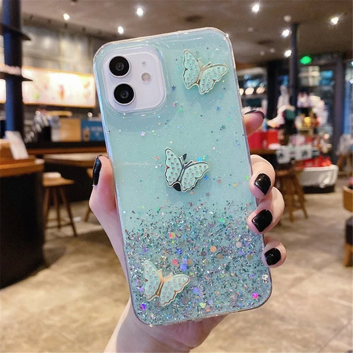 For iPhone 11 Case TPU Phone Protective Cover Sequins Epoxy Butterfly Design - Green - 1