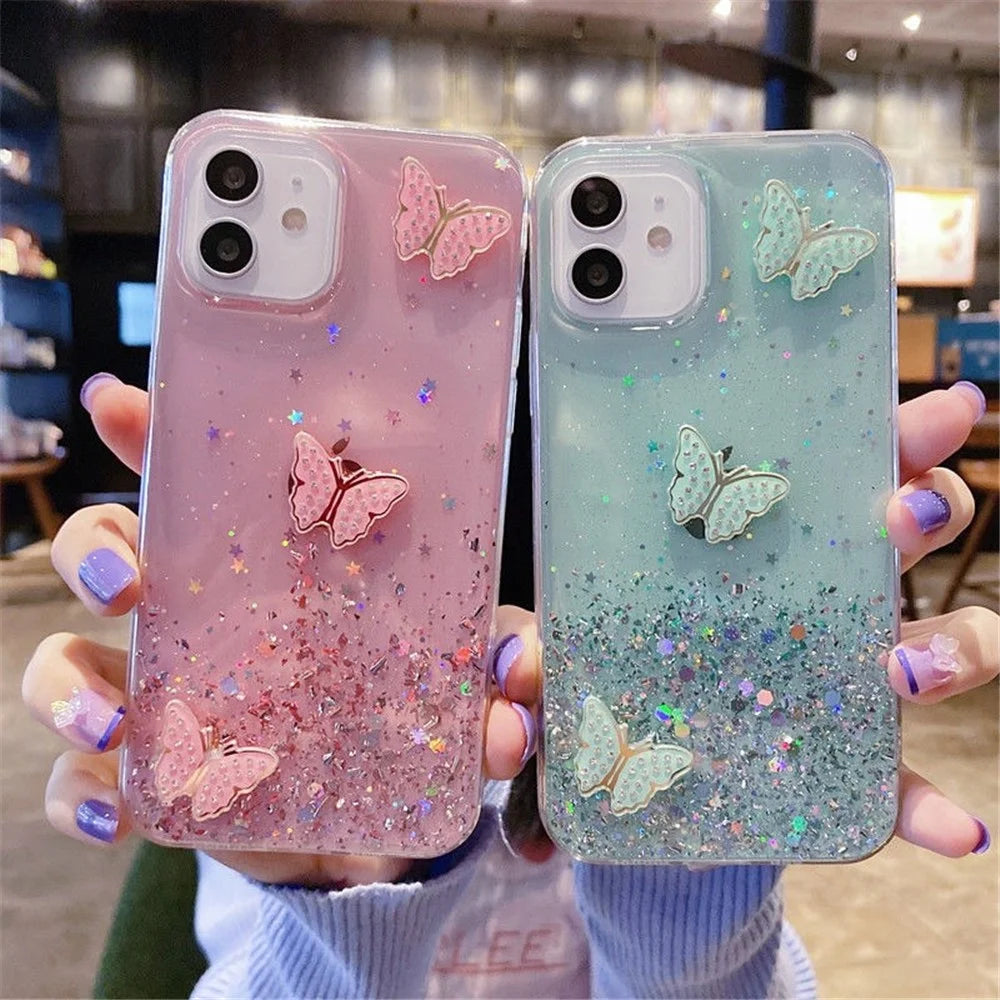 For iPhone 12 Cover Sequins Decor Epoxy Butterfly TPU Phone Case - Green - 2