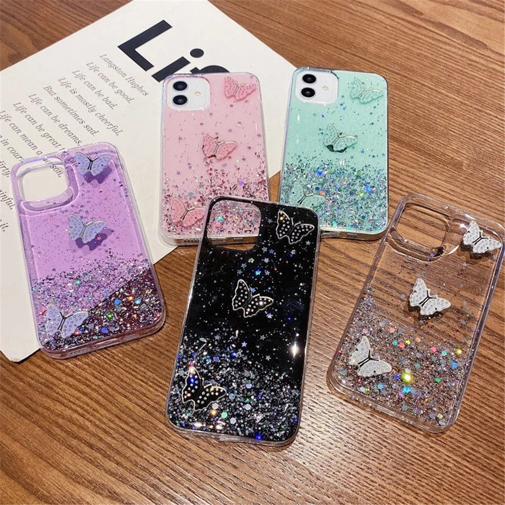 For iPhone 12 Cover Sequins Decor Epoxy Butterfly TPU Phone Case - Green - 3