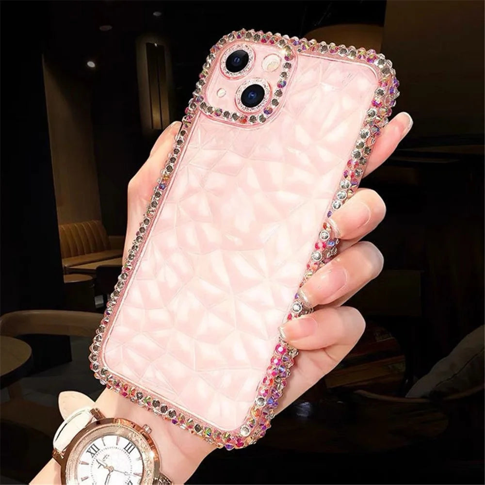 For iPhone 13 Diamond Texture Full Rhinestone Edge TPU Phone Cover - Transparent Pink - 1