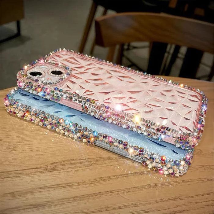 For iPhone 13 Diamond Texture Full Rhinestone Edge TPU Phone Cover - Transparent Pink - 2