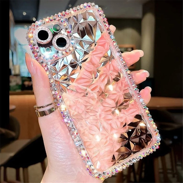 For iPhone 13 Diamond Texture Full Rhinestone Edge TPU Phone Cover - Transparent Pink - 4