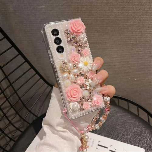 For Samsung Galaxy Z Fold4 5G Case Faux Pearl Decor Rhinestone Flower Hard PC Phone Cover with Bracelet - Pink - 1