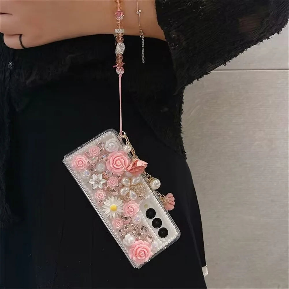 For Samsung Galaxy Z Fold4 5G Case Faux Pearl Decor Rhinestone Flower Hard PC Phone Cover with Bracelet - Pink - 2