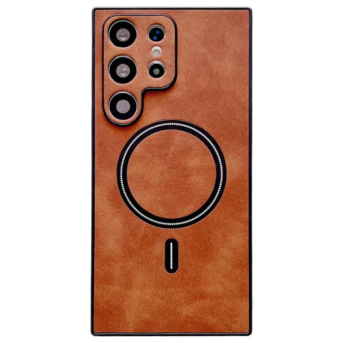 For Samsung Galaxy S22 Ultra 5G PU Leather Coated PC+TPU Phone Cover Magnetic Case - Dark Brown - 1