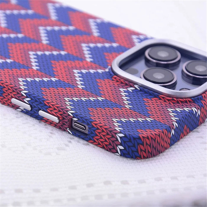 For iPhone 15 Pro Max Luminous Magnetic Phone Case PC Shockproof Cover Compatible with MagSafe - Red and Blue V Pattern - 5