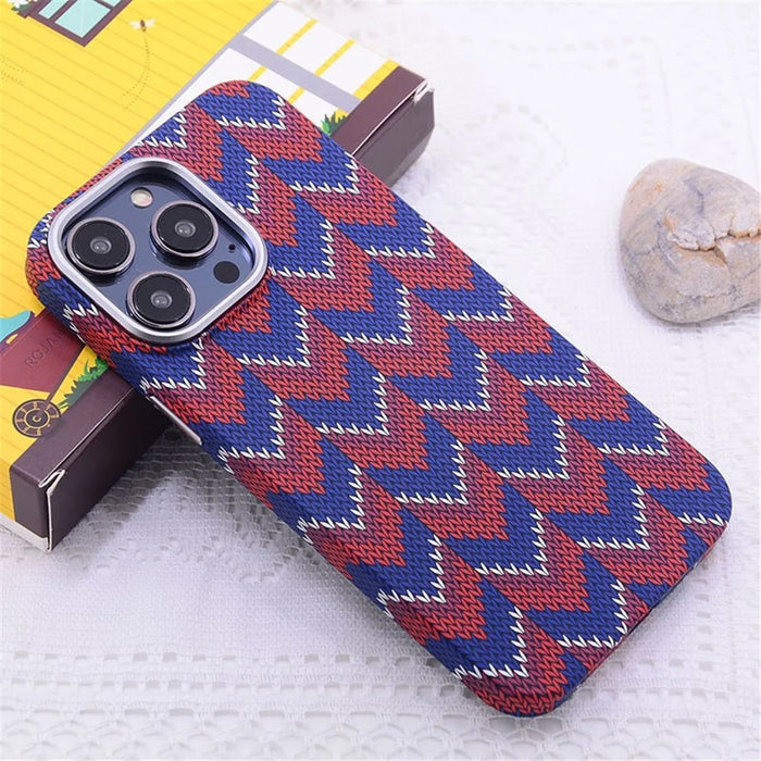 For iPhone 12 Pro Max 6.7 inch Case Hard PC Luminous  Phone Cover Compatible with MagSafe - Red and Blue V Pattern - 2