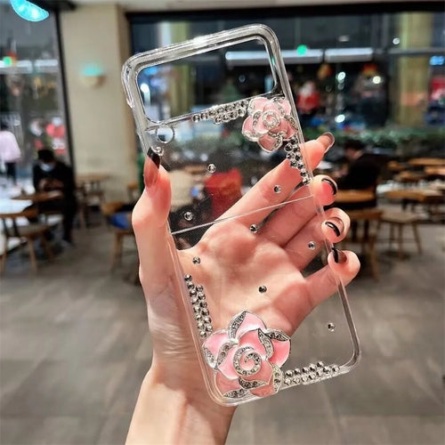 For Samsung Galaxy Z Flip4 5G Case Camellia Rhinestone Decor Hard PC Phone Cover - 1